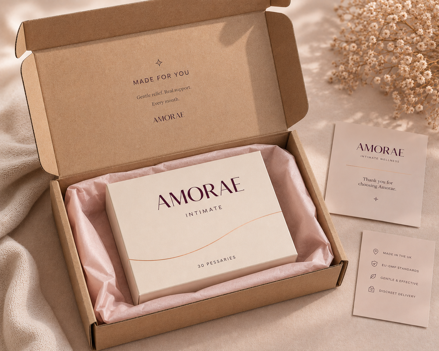 An open Amorae delivery box revealing the Amorae Intimate carton nestled in pink tissue paper, with care cards alongside.
