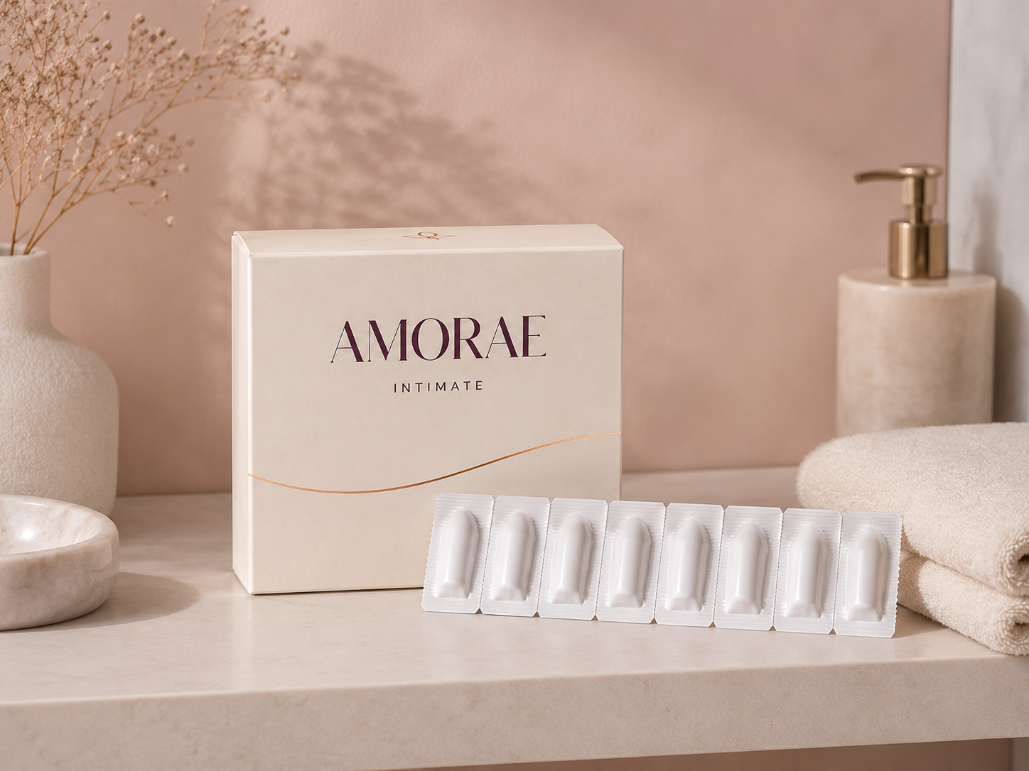 Amorae Intimate carton with 30 individually sealed CBD pessaries arranged on a warm bathroom surface.